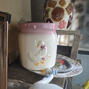 White Ceramic Jar with Pink Rim and Decorative Ducks, Butter Churn Minus Lid